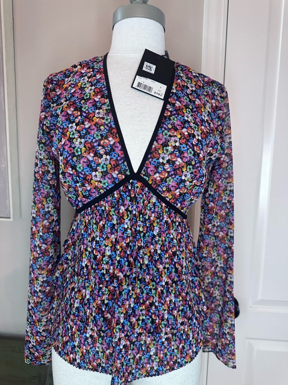 The Kooples Multicolor Floral V-Neck Blouse with Black Trim